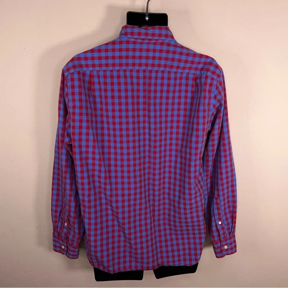 Large J Crew Mens Plaid Shirt Blue Red Cotton Button Front Long Sleeve Preppy